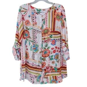 NWT Halston 100% Linen Floral Button-up Tunic‎ Blouse Women's Plus 1X